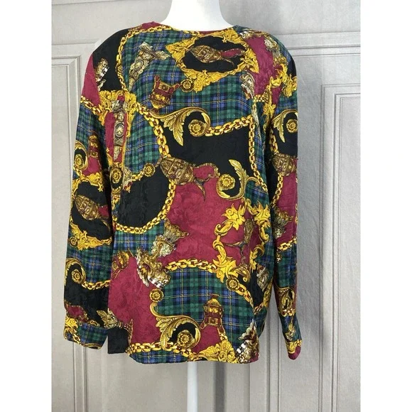 Vintage Bells Camice‎ Womens Blouse Large 12 Silk Baroque Chain Plaid 90s Preppy - Picture 10 of 13